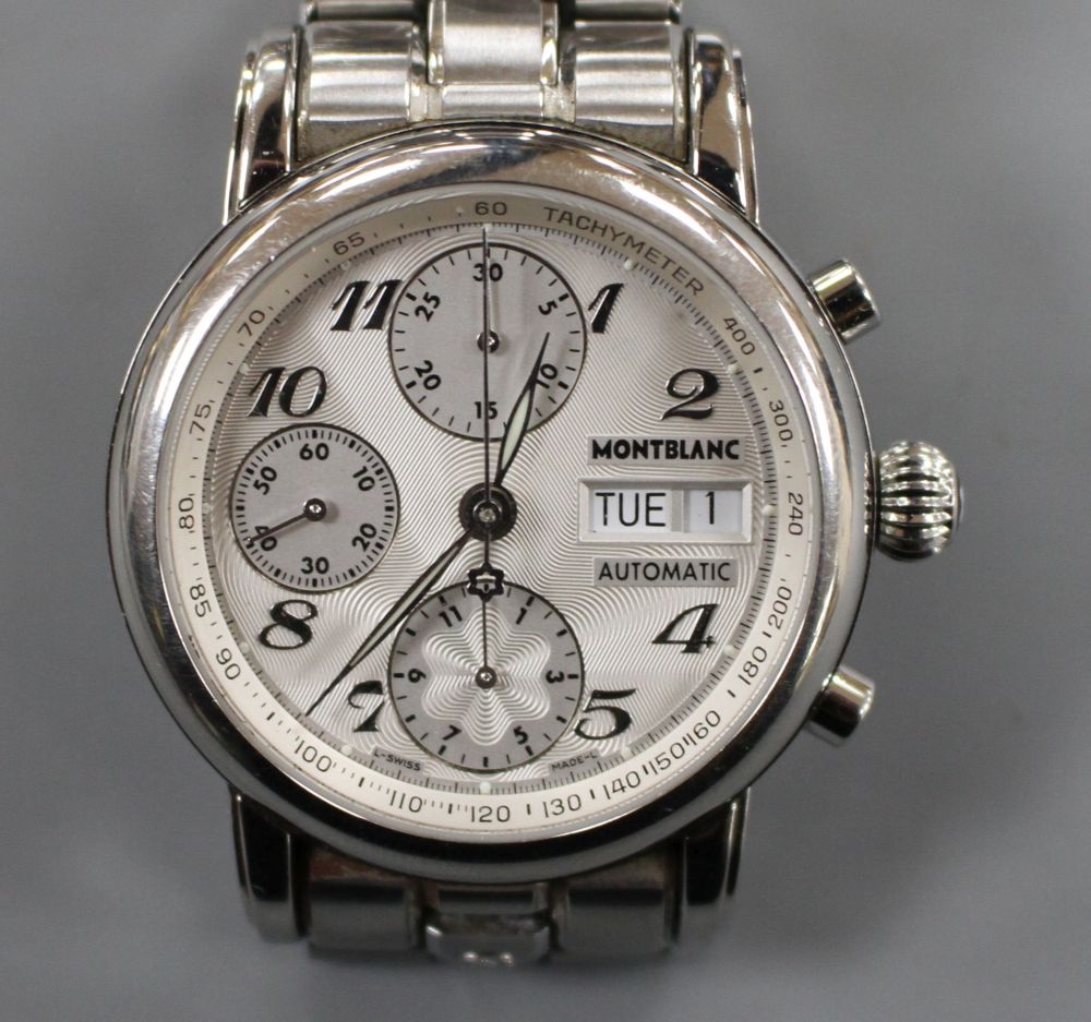 A gentlemans 2002 stainless steel Mont Blanc automatic chronograph wrist watch, with receipt and booklet. A gentlemans 2002 stainless steel Mont Blanc automatic chronograph wrist watch, with receipt and booklet.