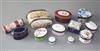 A collection of ten early 19th century and later enamel patch, pill and other boxes and two similar ceramic boxes, largest 2.75in.     