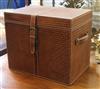 A brown leather chest with securing strap W.46cm                                                                                       