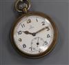 An Omega nickel? cased keyless open faced pocket watch, the case back inscribed 'G.S.T.P. F032340' below broad arrow.                  