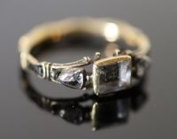 An early George II gold, rock crystal rose cut diamond and black enamel memento mori ring,                                             