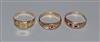 Two early 20th century 15ct gold and gem set rings and a 9ct gold and gem set ring.                                                    