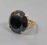 A yellow metal and facet cut hematite dress ring, size Q/R, gross weight 7.1 grams.                                                                                                                                         