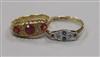 An early 20th century 18ct gold and gem set ring and a 1920's 9ct gold and gem set ring.                                               