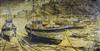 Delaval, oil on board, Fishing boats at low tide, signed, 60 x 111cm                                                                   