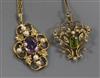 An early 20th century 15ct gold, peridot and split pearl pendant on 9ct chain and a 9ct gold gem set pendant on 9ct gold chain.        