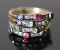 A 19th century gold, sapphire, ruby, emerald and rose cut diamond set quadruple shank half hoop ring,                                  