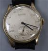 A gentleman's gold plated Eberhard manual wind wrist watch, on later associated strap.                                                 