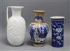 A blue and white sleeve vase, a crackleware vase and a Kaiser vase tallest 26cm                                                        