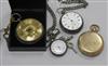 Two silver pocket watches, a silver fob watch and a gold plated hunter pocket watch.                                                   