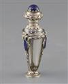 A 19th century French? white metal and lapis lazuli mounted rock crystal? scent bottle and glass stopper, gross weight 58.8 grams.     