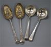 A pair of Georgian silver "berry" spoons and a pair of George III silver sauce ladles, 6.5 oz.                                         