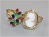 An 18k and multi gem set cocktail ring and a yellow metal and cameo ring.                                                              