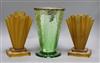 A crackle mirrored glass vase and a pair of Art Deco style pressed glass vases tallest 24cm                                            