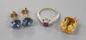 A yellow metal and citrine set pendant, overall 20mm and three other items including a pair of ear studs.                                                                                                                   