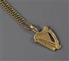 A 9ct gold harp pendant on a 9ct gold chain.                                                                                           