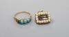 A Victorian yellow metal and seed pearl set mourning brooch, 18mm and a yellow metal and turquoise set half hoop ring                                                                                                       