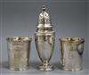 A pair of Tessiers Silver Jubilee beakers and a silver sugar caster,                                                                   