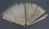 A late 18th century Chinese ivory brise fan and a 19th century Chinese ivory and feather fan                                           