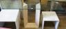 A contemporary rectangular glass topped and reconstituted marble console table, width 130cm, depth 33cm, height 72cm                                                                                                        