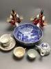 A Copeland Spode blue and white bowl, various cups, teapot etc, a pair of Venetian glass candelabra                                                                                                                         