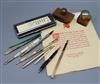 A novelty ivory rule/pen knife, mixed pens and pencils and a swan 14ct ct nib pen etc                                                  