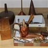 An abalone shell articulated fish bottle opener and various metalware funnels, an ale warmer, etc.                                     