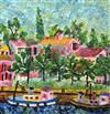 § Fred Yates (1922-2008) Tug boats along a mediterranean canal 24 x 24in.                                                              