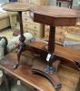 An octagonal mahogany wine / side table, width 40cm, height 74cm together with a mahogany wine table with shaped border                                                                                                     