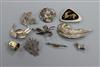 Two Danish sterling silver brooches, a cased enamelled thimble and seven other assorted silver brooches.                               