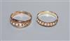Two yellow metal and split pearl set rings including Victorian 9ct gold.                                                               