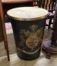 A marble topped painted metal bin decorated with an armorial, diameter 51cm, height 65cm                                                                                                                                    