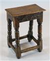 A James I oak joint stool, 1ft 3.5in x 9in. H.1ft 8.5in.                                                                               