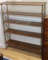 A brass and mahogany five shelf open bookcase W.100cm                                                                                  