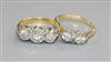 An 18ct gold and two stone illusion set diamond ring and a yellow metal and three stone illusion set diamond ring.                     