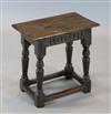 A James I oak joint stool, 1ft. 6in. x 10.75in. H.1ft 4.5in.                                                                           