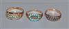 A late Victorian 15ct gold, turquoise and hair set mourning ring and two other 9ct gold and turquoise rings,                           