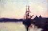 Attributed to Sir Alfred East (1849-1913) Ship docked at sunset 6.5 x 9.5in.                                                           