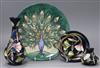 A Moorcroft 1994 Peacock year plate, two Wood Sorrel vases and a dish Largest dish, diameter 22cm                                      