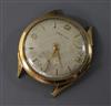 A gentleman's 9ct gold Certina manual wind wrist watch, no strap                                                                       