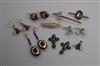 Five assorted pairs of earrings including pietra dura, enamel and gem set bug earrings, a swallow brooch and spider brooch.            