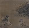 A 19th century Japanese painting on silk of a dog with puppies, 25 x 25cm                                                              