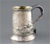 A George III large silver mug, later embossed with sheep grazing in a field with engraved inscription, Francis Crump 19 oz.            