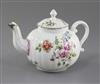 A rare Derby ribbed globular teapot and cover, c.1758, l. 19cm, old metal repair to spout tip                                          