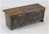 A small late 16th century carved oak six plank coffer, W. 2ft 6.5in. D.11in. H.1ft 5in.                                                