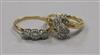 An 18ct gold and three stone diamond ring and an 18ct gold and diamond cluster ring.                                                   