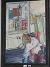 John Blight, oil or acrylics on board, seated woman dressing by a window, signed and dated '92 74 x 49cm                               