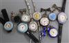 Nine assorted early 20th century white metal and enamel fob/wrist watches and a Victorian silver spinning fob.                         