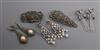 Two pairs of paste set earrings, one marcasite pair of earrings, a marcasite brooch and similar clip brooch.                           