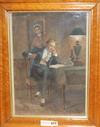 19th century English, watercolour, Gentleman reading by lamp light, indistinctly signed, 39 x 27cm                                     